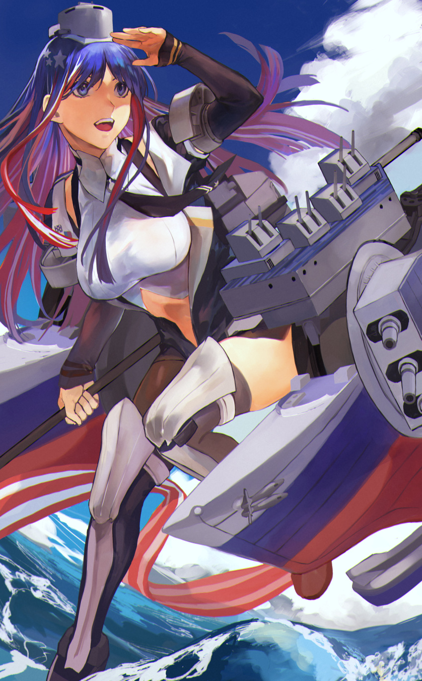 1girl absurdres american_flag armor armored_boots bangs black_legwear black_neckwear black_vest blue_eyes blue_hair boots breasts clouds flag fukazaki headgear highres holding holding_flag kantai_collection large_breasts leg_up long_hair multicolored_hair necktie open_mouth outdoors redhead rigging shirt single_leg_pantyhose single_thighhigh sky solo south_dakota_(kantai_collection) star_(symbol) thigh-highs vest water white_hair white_shirt