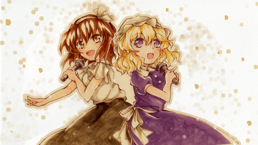 absurdres black_skirt dress hairband hat headband highres maribel_hearn marker_(medium) microphone mob_cap music purple_dress shirt singing skirt touhou traditional_media usami_renko user_vfsh8325 white_background white_hairband white_shirt