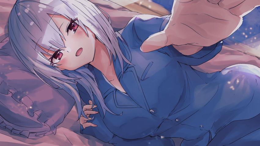 1girl absurdres bangs bed blue_pajamas breasts commentary_request eyebrows_visible_through_hair eyes_visible_through_hair hakase_fuyuki highres large_breasts looking_at_viewer lying medium_hair nijisanji on_side open_mouth pajamas pillow reaching_out silver_hair solo violet_eyes virtual_youtuber yayoi_asuka