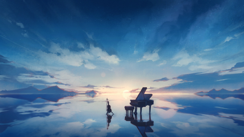 blue_sky bow_(instrument) clouds highres instrument no_humans original piano piano_bench reflection scenery sky sunrise violin water zeniyan
