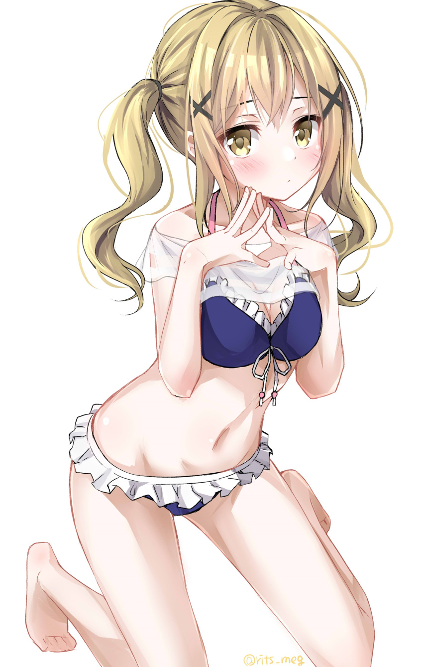 1girl absurdres bang_dream! bangs barefoot bikini blonde_hair blue_bikini blush breasts closed_mouth commentary eyebrows_visible_through_hair fingers_together frilled_bikini frills front-tie_bikini front-tie_top hair_ornament highres ichigaya_arisa kneeling leaning_forward light_frown looking_at_viewer medium_breasts medium_hair navel rits_(apud8788) simple_background solo swimsuit twintails white_background x_hair_ornament yellow_eyes