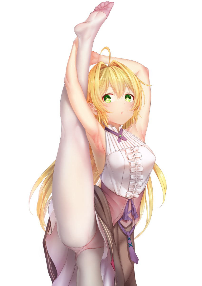 1girl barefoot blonde_hair blue_eyes character_request copyright_request feet flexible green_eyes gundam00uc highres leg_lift leg_up long_hair panties pantyhose skirt soles split standing standing_on_one_leg standing_split toes underwear white_legwear