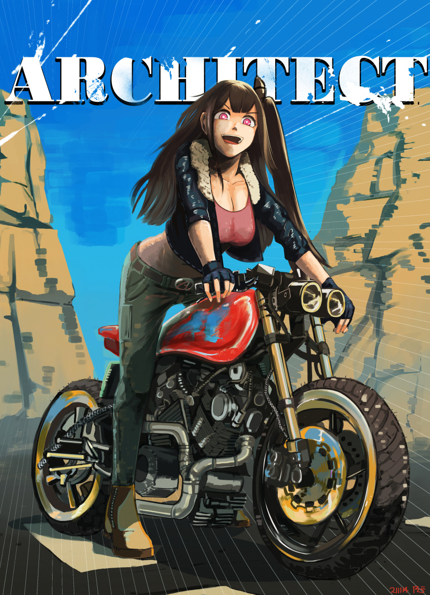 1girl absurdres architect_(girls'_frontline) black_gloves black_jacket boots breasts brown_footwear brown_hair day fingerless_gloves girls_frontline gloves green_pants ground_vehicle highres jacket large_breasts long_hair motor_vehicle motorcycle one_side_up outdoors pants radish_p solo violet_eyes