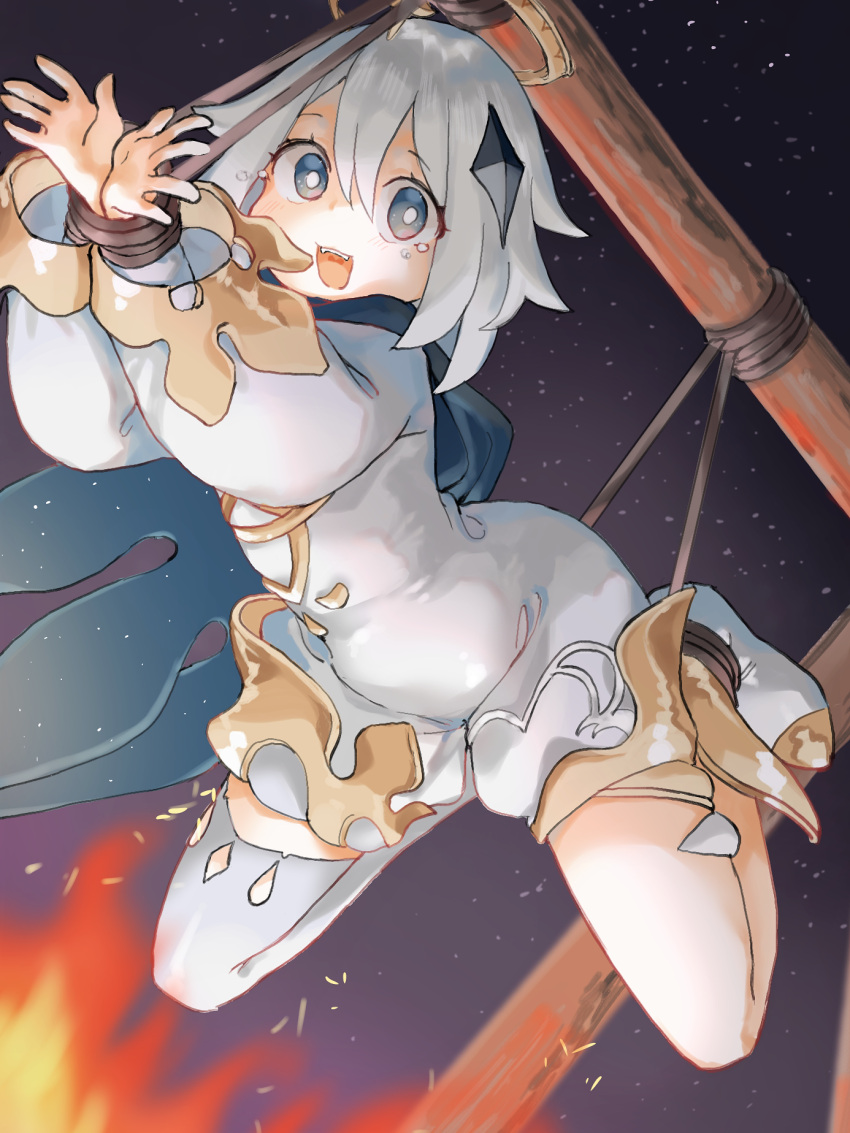 1girl black_eyes bound bound_legs bound_wrists fire genshin_impact hair_ornament highres long_sleeves looking_at_viewer nonv open_mouth paimon_(genshin_impact) short_hair silver_hair single_thighhigh solo tears thigh-highs white_legwear