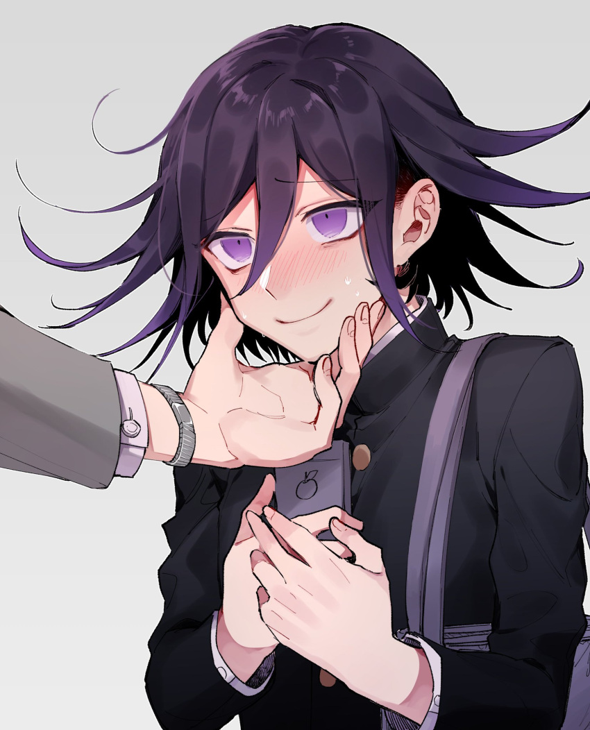 1boy 1other ahoge bangs black_hair black_jacket blush closed_mouth dangan_ronpa gradient gradient_background grey_background hair_between_eyes hand_on_another's_chin hand_on_another's_face hands_up highres holding holding_phone jacket jewelry long_sleeves looking_at_viewer male_focus messy_hair nanin new_dangan_ronpa_v3 ouma_kokichi out_of_frame phone purple_hair shirt short_hair simple_background smile solo_focus sweat upper_body violet_eyes watch watch