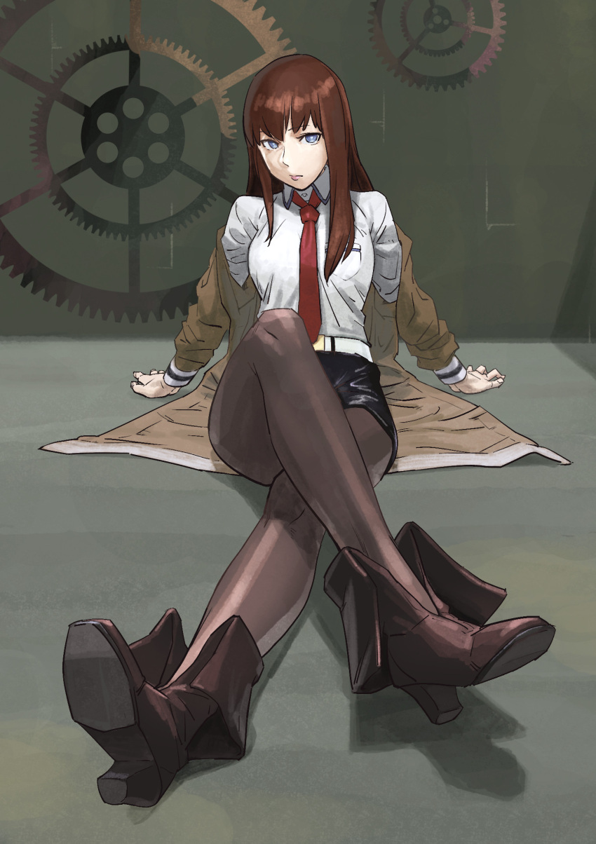 1girl belt black_legwear blue_eyes boots brown_hair dress_shirt highres jacket legwear_under_shorts long_hair looking_at_viewer makise_kurisu mokottsu necktie pantyhose red_neckwear shirt shorts solo steins;gate