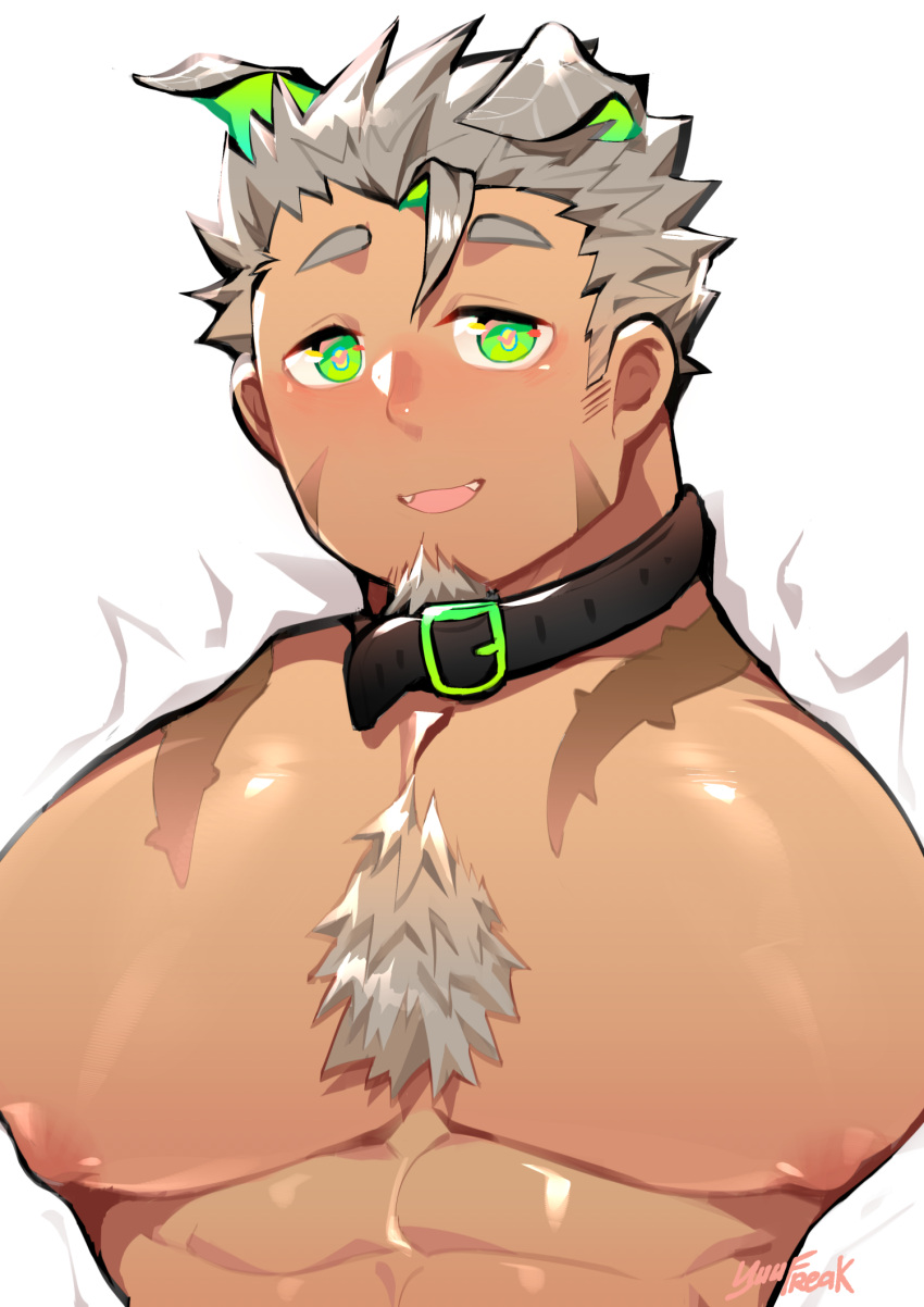 1boy abs animal_ears bara belt_collar blush chest chest_hair collar dog_ears facial_hair goatee gomeisa_(live_a_hero) green_eyes grey_hair highres live_a_hero looking_at_viewer male_focus muscle nipples open_clothes open_shirt pectoral_focus short_hair smile tattoo tribal_tattoo upper_body yuufreak