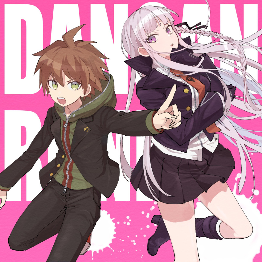 1boy 1girl ahoge background_text bangs black_gloves black_jacket black_skirt boots braid breasts brown_hair copyright_name dangan_ronpa dangan_ronpa_1 gloves green_eyes hair_ribbon high_heel_boots high_heels highres hood hood_down hoodie index_finger_raised jacket kirigiri_kyouko knee_boots long_hair long_sleeves naegi_makoto omochi_ksw open_mouth pants parted_lips pink_background pleated_skirt purple_hair red_neckwear ribbon side_braid simple_background skirt violet_eyes