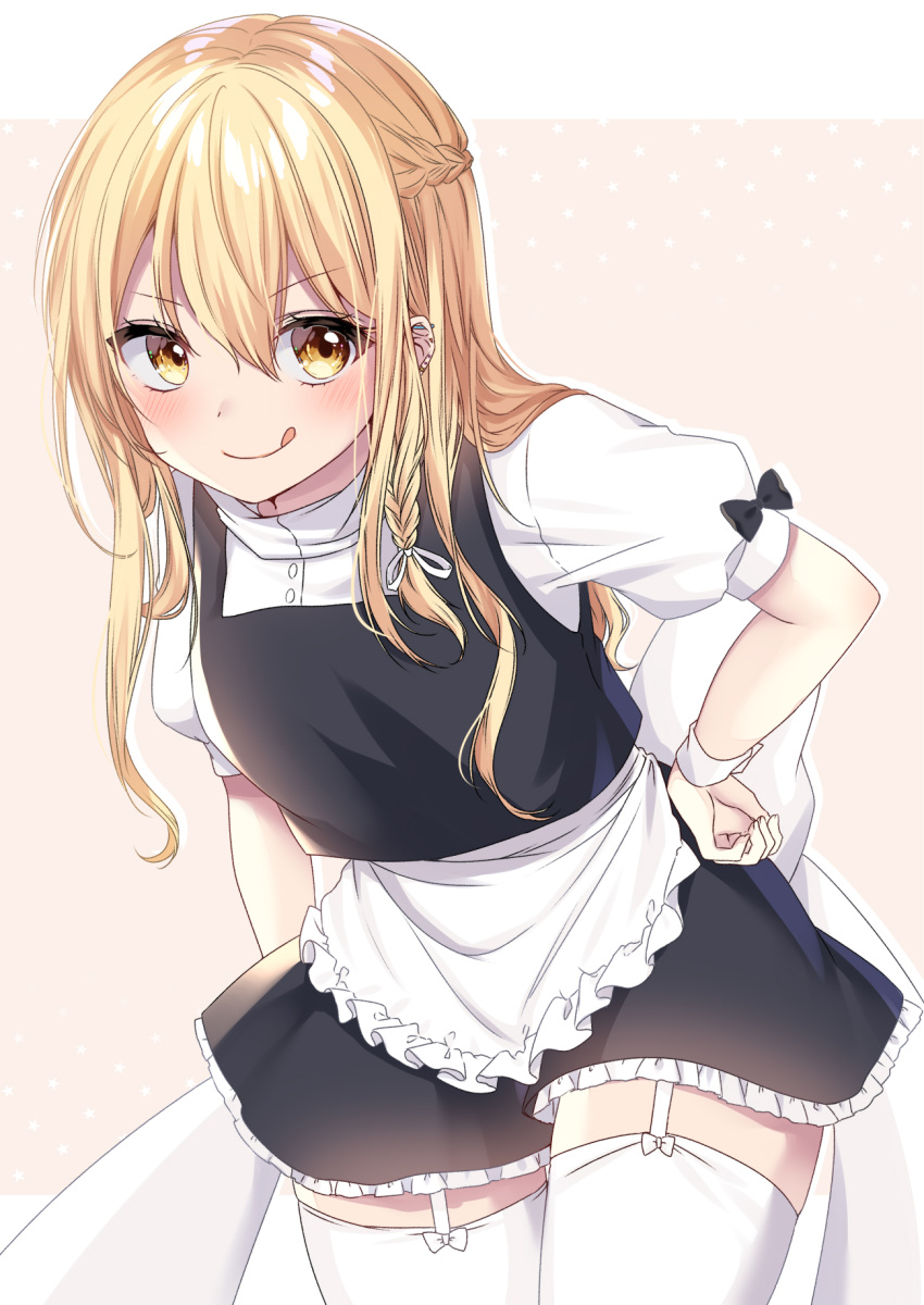 1girl :q apron back_bow bangs black_bow black_dress blonde_hair blush bow braid breasts closed_mouth commentary_request contrapposto cowboy_shot dress ear_piercing eyebrows_visible_through_hair french_braid frills garter_straps hair_between_eyes hair_ribbon hand_on_hip highres kirisame_marisa leaning_forward long_hair looking_at_viewer medium_breasts no_hat no_headwear piercing pink_background puffy_short_sleeves puffy_sleeves ribbon shiki_(s1k1xxx) shirt short_sleeves smile solo standing thigh-highs thighs tied_hair tongue tongue_out touhou v-shaped_eyebrows white_legwear white_ribbon white_shirt yellow_eyes