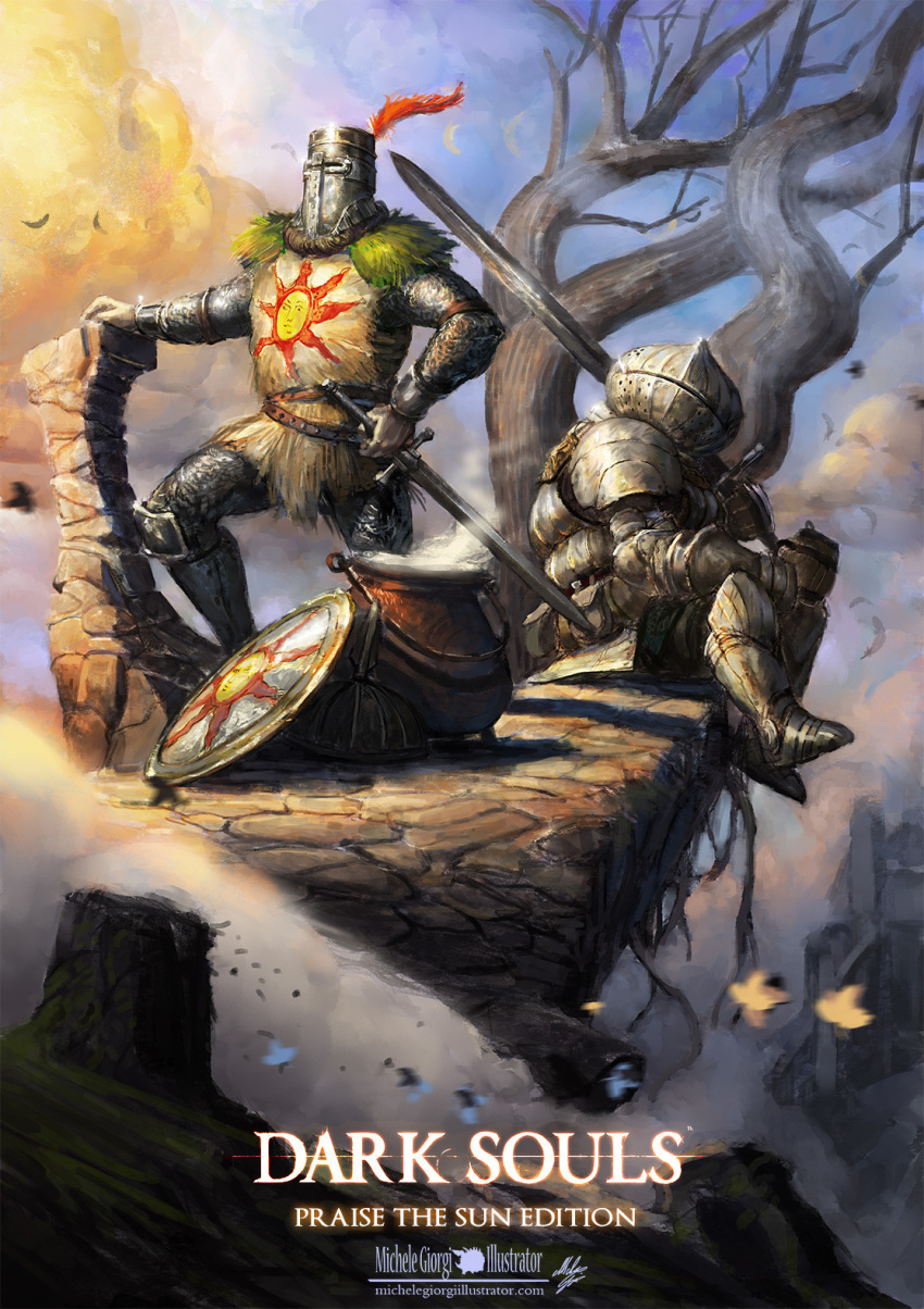 2boys armor artist_name bare_tree breastplate cauldron cliff clouds commentary copyright_name cup dark_souls day full_armor full_body gauntlets greatsword greaves helmet highres holding holding_cup holding_sword holding_weapon knight looking_away male_focus michele_giorgi mug multiple_boys over_shoulder pauldrons plume shield shoulder_armor siegmeyer_of_catarina sitting solaire_of_astora souls_(from_software) steam sun_(symbol) sword tabard tree watermark weapon web_address zweihander