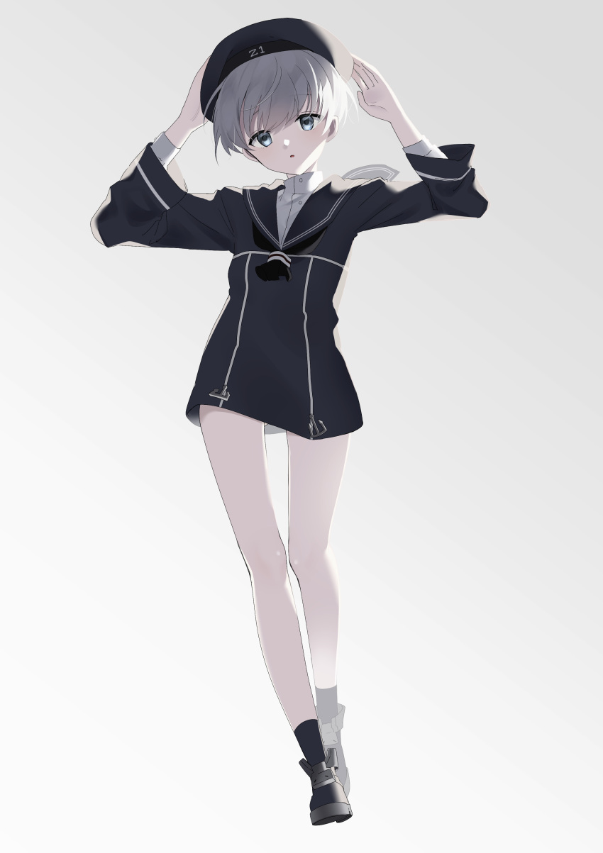 1girl absurdres black_dress black_headwear black_sailor_collar blue_eyes clothes_writing dress full_body gradient gradient_background grey_background hat highres kantai_collection looking_at_viewer sailor_collar sailor_dress sailor_hat short_hair silver_hair solo standing uu3cm white_background z1_leberecht_maass_(kantai_collection)