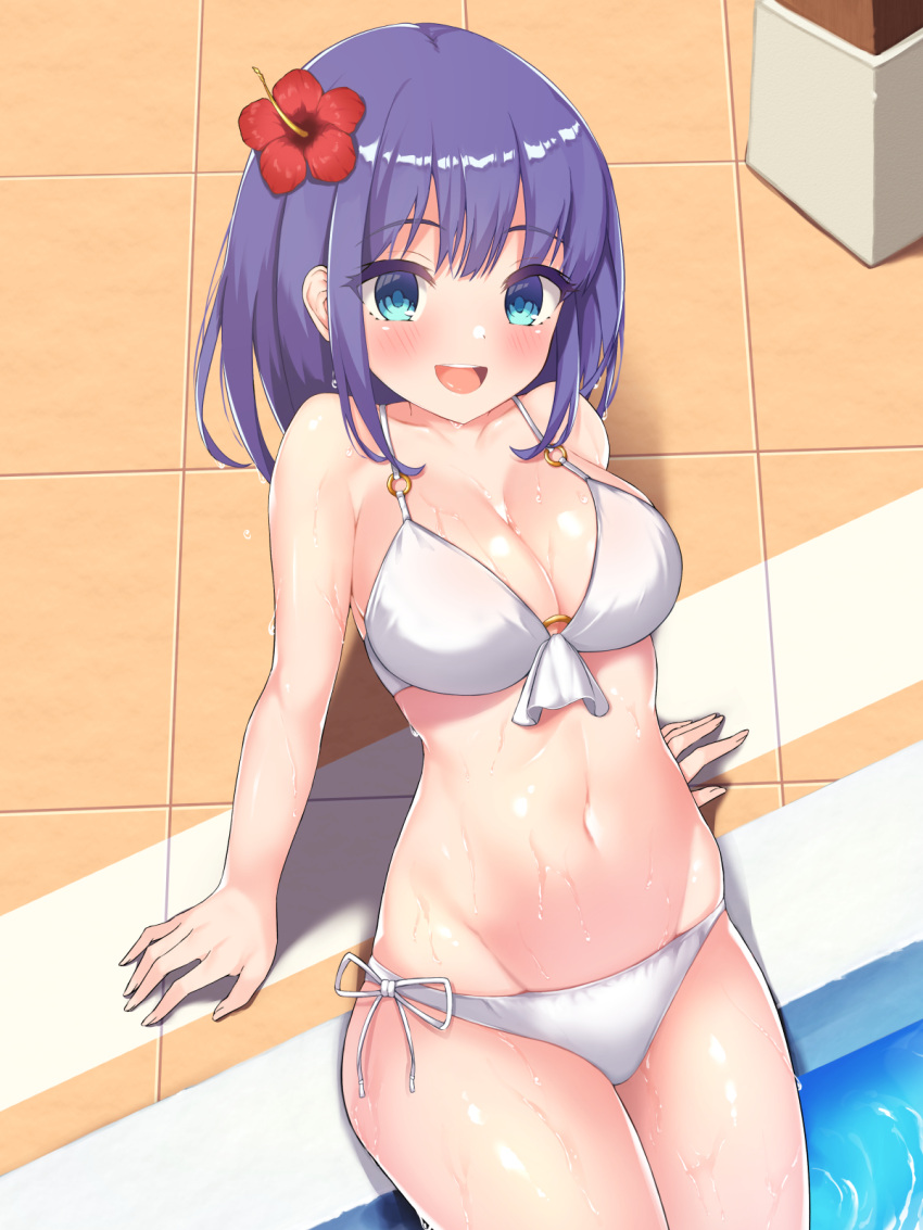 bikini blue_eyes blush breasts flower hair_flower hair_ornament hakuta highres misora_(princess_connect!) navel open_mouth pool poolside princess_connect! princess_connect!_re:dive purple_hair red_flower side-tie_bikini sitting smile swimsuit water wet white_bikini