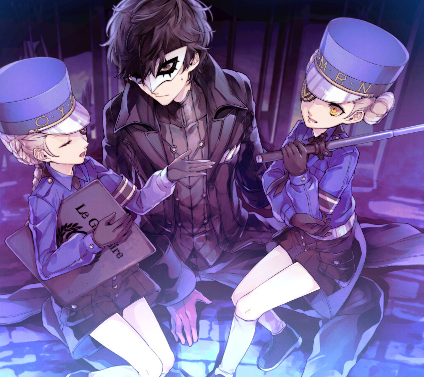 1boy 2girls absurdres amamiya_ren armband bangs black_gloves black_hair black_jacket black_neckwear black_pants black_shorts blonde_hair blue_headwear braid caroline_(persona_5) closed_eyes double_bun eyepatch gloves hat highres holding jacket justine_(persona_5) long_hair mask multiple_girls open_mouth pants persona persona_5 red_gloves shorts siblings sitting sitting_on_lap sitting_on_person spread_legs sweat twins yuu_(isis7796)