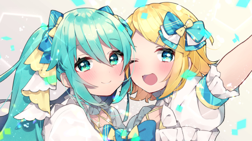 2girls aqua_eyes aqua_hair arm_up bangs blonde_hair blue_bow blue_eyes blush bow bowtie commentary confetti dress forehead-to-forehead frilled_dress frills hair_bow hair_ornament hairclip hatsune_miku highres kagamine_rin long_hair looking_at_viewer multiple_girls one_eye_closed open_mouth outstretched_arm portrait project_sekai sasakura_(npdk7484) short_hair smile swept_bangs twintails vocaloid white_dress