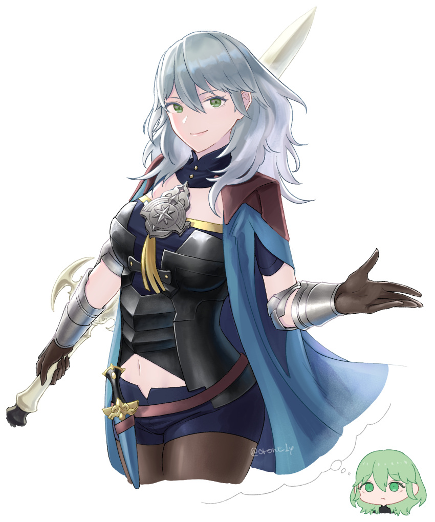 1girl armor bangs black_armor blue_cape blue_shirt blue_shorts breasts brown_gloves brown_legwear byleth_(fire_emblem) byleth_eisner_(female) cape closed_mouth clothing_cutout color_switch commentary_request cropped_legs dagger emblem eyebrows_visible_through_hair fire_emblem fire_emblem:_three_houses gloves green_eyes green_hair grey_hair hair_between_eyes highres holding holding_sword holding_weapon large_breasts long_hair looking_at_viewer navel navel_cutout open_hand orio_(oront1y) pantyhose sheath sheathed shirt short_shorts short_sleeves shorts sidelocks simple_background smile standing sword sword_of_the_creator thought_bubble twitter_username vambraces weapon white_background