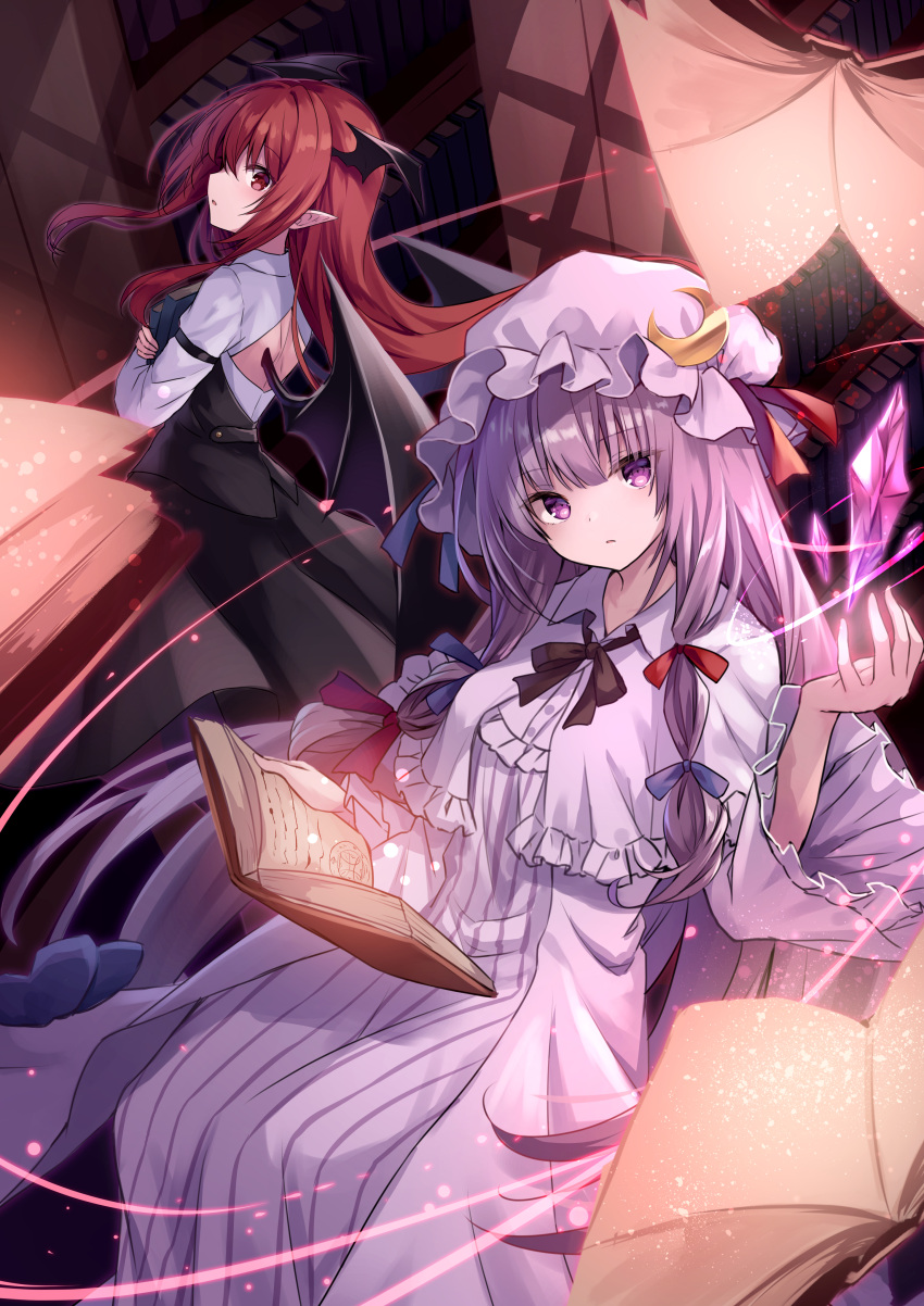 2girls absurdres back_cutout black_hair black_neckwear blue_bow blue_ribbon book book_hug bookshelf bow capelet clothing_cutout commentary_request crescent crescent_moon_pin crystal demon_wings dress hair_bow hand_up hat hat_ribbon head_wings highres holding holding_book koakuma kure~pu long_hair long_sleeves looking_at_viewer multiple_girls patchouli_knowledge pointy_ears purple_dress purple_hair purple_headwear red_bow red_eyes red_ribbon redhead ribbon shirt touhou violet_eyes white_shirt wide_sleeves wings
