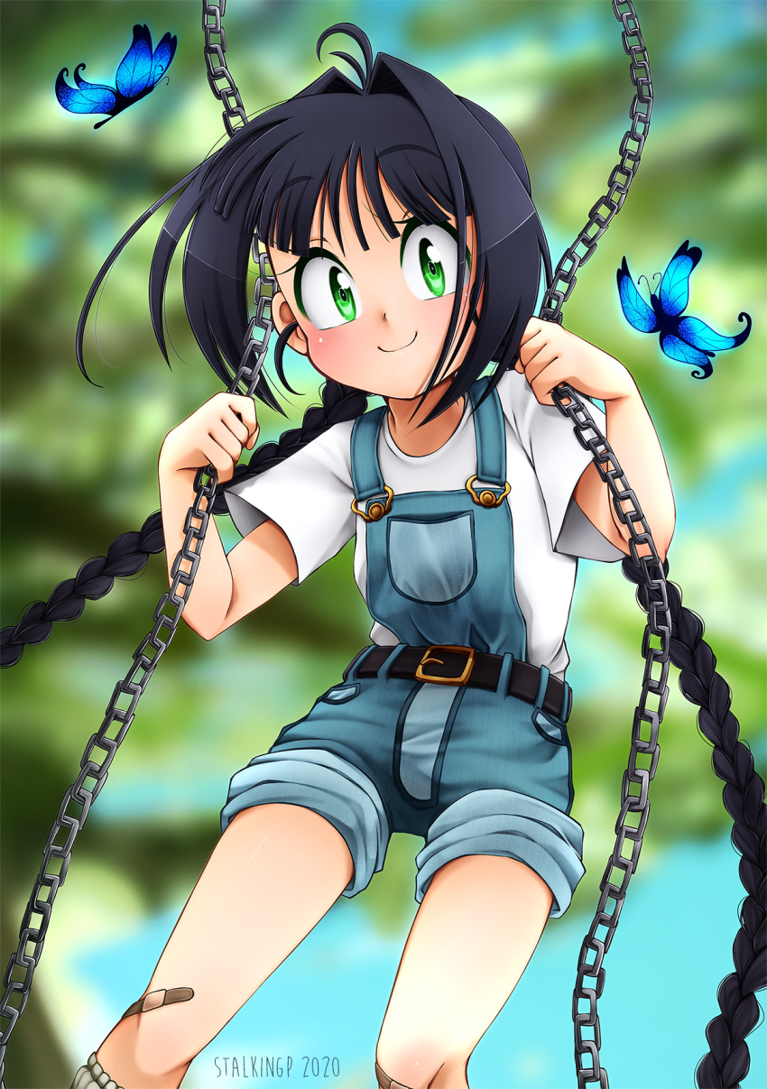 1girl absurdly_long_hair ahoge bandaid bandaid_on_knee belt black_hair braid bug butterfly chain green_eyes hair_intakes highres insect long_hair original outdoors overalls shirt short_shorts short_sleeves shorts smile solo stalkingp swing twin_braids twintails very_long_hair white_shirt