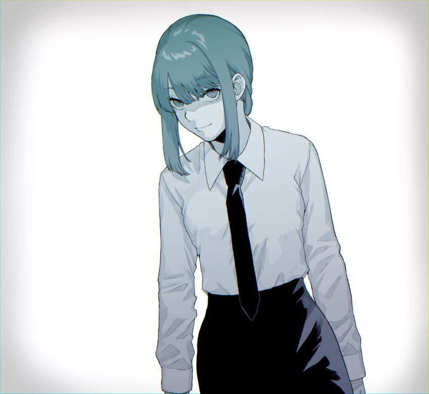 1girl bangs black_neckwear black_pants braid braided_ponytail breasts business_suit chainsaw_man collared_shirt eyebrows eyebrows_visible_through_hair formal highres long_sleeves longmoon0909 looking_at_viewer makima_(chainsaw_man) medium_breasts medium_hair monochrome necktie neckwear pants ringed_eyes shirt shirt_tucked_in simple_background smile solo suit