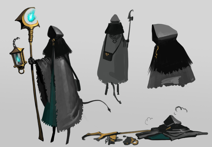1other bag black_bag black_cloak cain_(gunnermul) chain cloak death fire gradient gradient_background green_fire grey_background highres holding holding_staff hood hood_up lantern long_sleeves mage original shaded_face smoke staff standing torn torn_clothes wide_sleeves