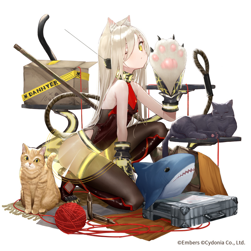 1girl animal_ears ash_arms blonde_hair box cat cat_ears cat_tail commentary_request full_body highres long_hair one_eye_closed paws shark simple_background sleeveless solo tail takubon thigh-highs vk16.02_leopard_(ash_arms) white_background yarn yarn_ball