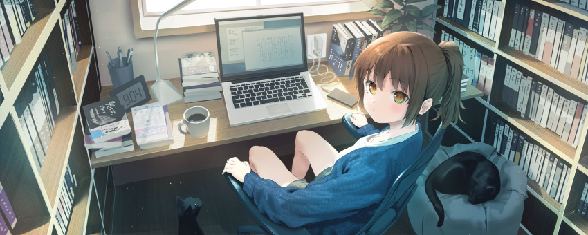 1girl alarm_clock arm_rest black_cat blush book_stack bookshelf brown_eyes brown_hair cat cellphone chair charger charging_device clock closed_mouth coffee coffee_mug computer cup electric_socket eyebrows_visible_through_hair from_behind green_shorts highres laptop looking_at_viewer looking_back mug office office_chair original pen_holder phone ponytail shorts sitting smartphone smile solo wasabi60