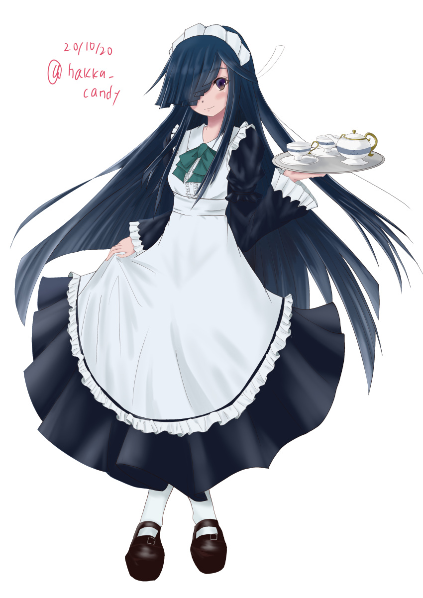 1girl absurdres alternate_costume apron black_dress black_eyes black_footwear black_hair commentary_request crossed_legs dated dress dress_lift enmaided frilled_apron frills full_body hair_over_one_eye hakka_ame_(hakka_candy) hayashimo_(kantai_collection) highres kantai_collection long_hair looking_at_viewer maid maid_headdress mary_janes shoes simple_background solo tea_set tray twitter_username very_long_hair white_apron white_background white_legwear