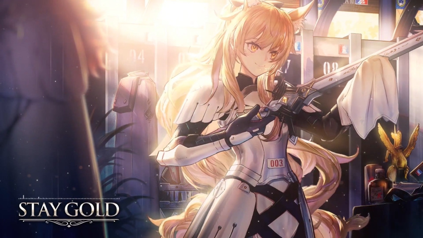1girl animal_ears arknights armor black_gloves blemishine_(arknights) breastplate commentary cowboy_shot gloves highres holding holding_sword holding_weapon light_particles long_hair pauldrons ryuuzaki_ichi shoulder_armor solo sword very_long_hair weapon