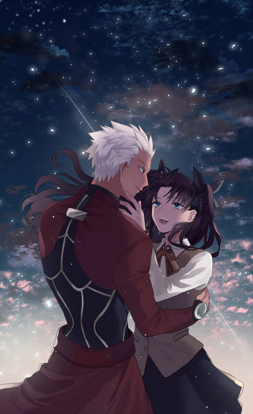 1boy 1girl archer black_hair black_skirt blue_eyes bow brown_vest collared_shirt dark_skin fate/stay_night fate_(series) hair_bow hand_on_another's_chin highres homurahara_academy_uniform long_hair neck_ribbon night night_sky print_ribbon red_ribbon ribbon school_uniform shimatori_(sanyyyy) shirt shooting_star skirt sky smile star_(sky) starry_sky tohsaka_rin two_side_up vest white_hair white_shirt