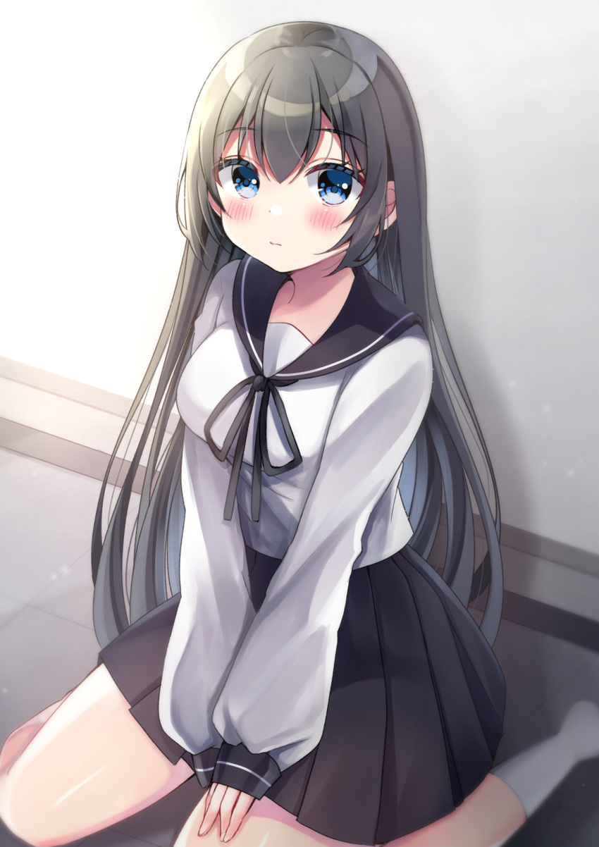 1girl bangs black_hair black_ribbon black_sailor_collar black_skirt blue_eyes blush closed_mouth commentary_request eyebrows_visible_through_hair hair_between_eyes highres long_hair long_sleeves looking_at_viewer minami_saki neck_ribbon no_shoes original pleated_skirt puffy_long_sleeves puffy_sleeves ribbon sailor_collar school_uniform serafuku shirt sitting skirt sleeves_past_wrists socks solo very_long_hair wariza white_legwear white_shirt