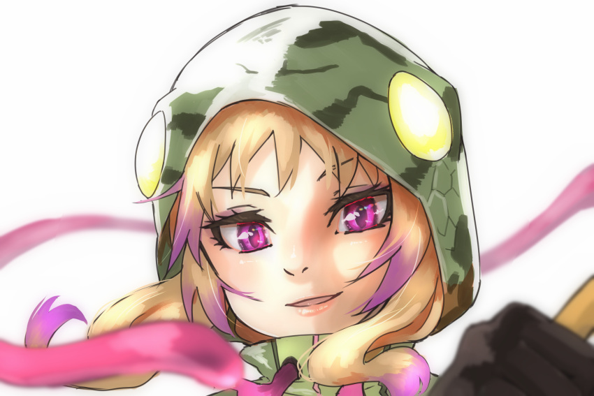 1girl african_rock_python_(kemono_friends) blonde_hair commentary drawstring eyebrows_visible_through_hair highres hood hood_up kemono_friends long_hair looking_at_viewer multicolored_hair parted_lips pink_eyes pink_hair portrait simple_background smile snake_hood solo thin_(suzuneya) white_background