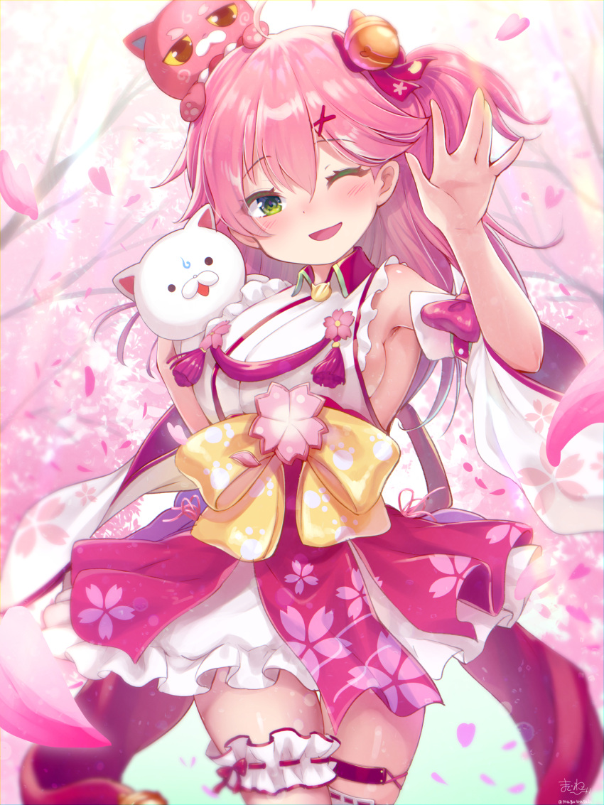 1girl 35p_(sakura_miko) arm_up bangs bare_shoulders bell blurry blurry_background blush breasts cherry_blossom_print commentary_request detached_sleeves eyebrows_visible_through_hair floral_print green_eyes hair_bell hair_between_eyes hair_ornament highres hololive kintoki_(sakura_miko) looking_at_viewer magowasabi medium_breasts nontraditional_miko obi one_eye_closed one_side_up open_mouth petals pink_hair sakura_miko sash sideboob sidelocks thigh_strap virtual_youtuber