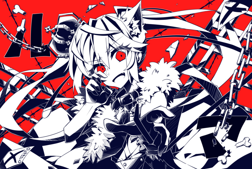 1girl animal_ears aosaki_yato belt_collar bone broken_bone cat_ears chain collar commentary crown debris fur-trimmed_jacket fur_trim gloves hatsune_miku highres jacket long_hair looking_at_viewer monochrome necktie outstretched_arm paper reaching_out red_background red_eyes sleeveless sleeveless_jacket solo song_name spot_color twintails very_long_hair vocaloid x