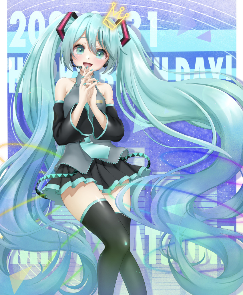 1girl :d absurdly_long_hair absurdres bangs black_footwear black_skirt black_sleeves blue_hair blue_nails blue_neckwear boots collared_shirt commentary detached_sleeves floating_hair green_eyes grey_shirt hair_between_eyes hair_ornament hatsune_miku headphones headset highres long_hair long_sleeves looking_at_viewer microphone miniskirt nail_polish necktie open_mouth ouuxuuo pleated_skirt shiny shiny_hair shirt skirt sleeveless sleeveless_shirt smile solo thigh-highs thigh_boots twintails very_long_hair vocaloid wing_collar zettai_ryouiki