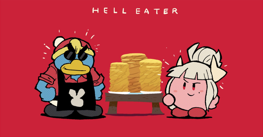 apron black_apron closed_mouth food fusion hair_bun halftone hands_on_hips helltaker helltaker_(character) highres horns king_dedede kirby kirby_(series) lucifer_(helltaker) mole mole_under_eye notice_lines pancake parody rariatto_(ganguri) red_background red_eyes red_footwear shoes simple_background smile smug sunglasses table title_parody white_hair