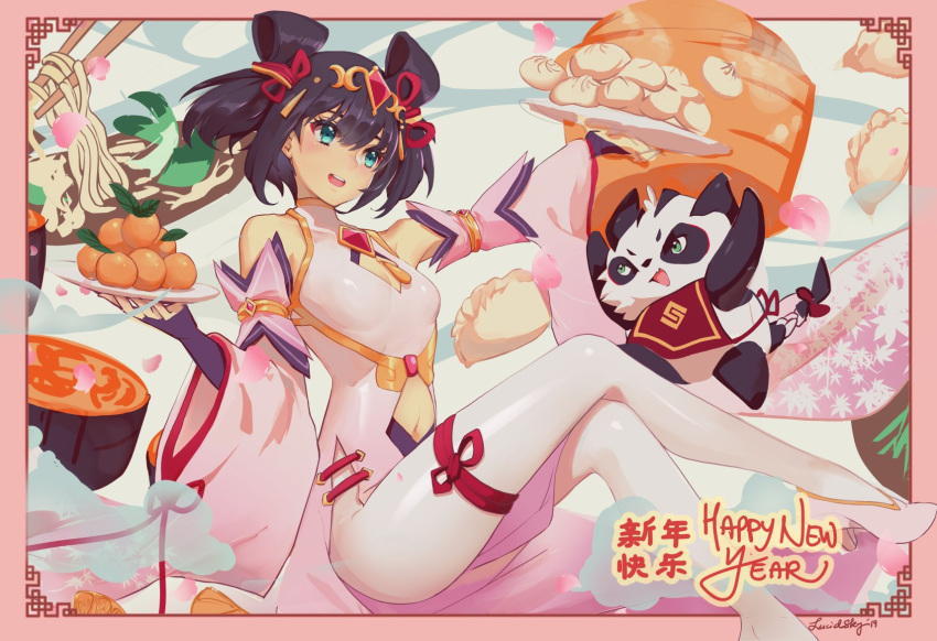 1girl artist_name baozi blue_eyes blush breasts brown_hair cherry_blossoms china_dress chinese_clothes chinese_new_year chopsticks clothing_cutout crossed_legs detached_sleeves dragalia_lost dress dumpling english_commentary english_text food fruit high_heels highres holding holding_tray invisible_chair jiaozi lin_you long_sleeves lucidsky mandarin_orange navel navel_cutout noodles open_mouth panda ribbon short_hair side_slit sitting small_breasts solo thigh_ribbon tray white_legwear wide_sleeves