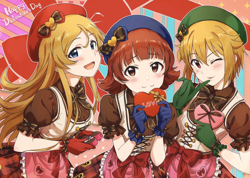 3girls :3 ;) apron ayano_yuu_(sonma_1426) bangs beret black_neckwear black_shirt blue_eyes blue_gloves blue_headwear bow bowtie box brown_eyes brown_hair collared_shirt commentary english_text eyebrows_visible_through_hair finger_to_mouth frilled_apron frilled_sleeves frills gift gloves green_gloves green_headwear happy_valentine hat hat_bow heart heart-shaped_box heart_hat_ornament highres holding holding_gift ibuki_tsubasa idol idolmaster idolmaster_million_live! leaning_forward long_hair looking_at_viewer medium_hair multiple_girls nonohara_akane one_eye_closed open_mouth parted_lips pink_apron plaid plaid_skirt red_bow red_eyes red_gloves red_headwear red_skirt shinomiya_karen shirt short_hair short_sleeves side-by-side skirt smile standing valentine waist_apron