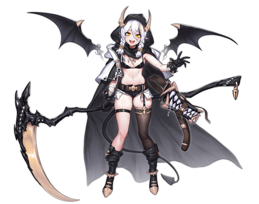 1girl belt black_gloves black_legwear boots braid cain_(gunnermul) cape full_body gloves hair_between_eyes hair_ornament highres holding holding_weapon hood hooded_cape horns long_hair navel original scythe shorts simple_background skindentation solo tail thigh-highs weapon white_background white_hair wings yellow_eyes