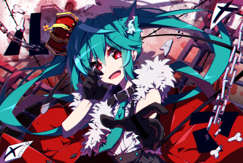 1girl animal_ears aosaki_yato aqua_hair belt_collar black_gloves bone broken_bone cat_ears chain collar commentary crown debris fur-trimmed_jacket fur_trim gloves hatsune_miku highres jacket long_hair looking_at_viewer necktie outstretched_arm paper reaching_out red_background red_eyes sleeveless sleeveless_jacket solo song_name twintails very_long_hair vocaloid x