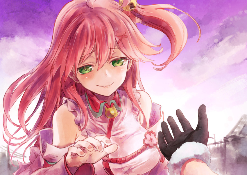 2girls bell black_gloves blush breasts closed_mouth clouds cloudy_sky commentary detached_sleeves eyebrows_visible_through_hair fur-trimmed_gloves fur_trim gloves green_eyes hair_bell hair_between_eyes hair_ornament highres hololive long_hair looking_at_viewer medium_breasts multiple_girls outdoors pink_hair pov purple_sky reaching_out sakura_miko side_ponytail sky smile solo_focus upper_body usada_pekora virtual_youtuber wing_collar x_hair_ornament yohane
