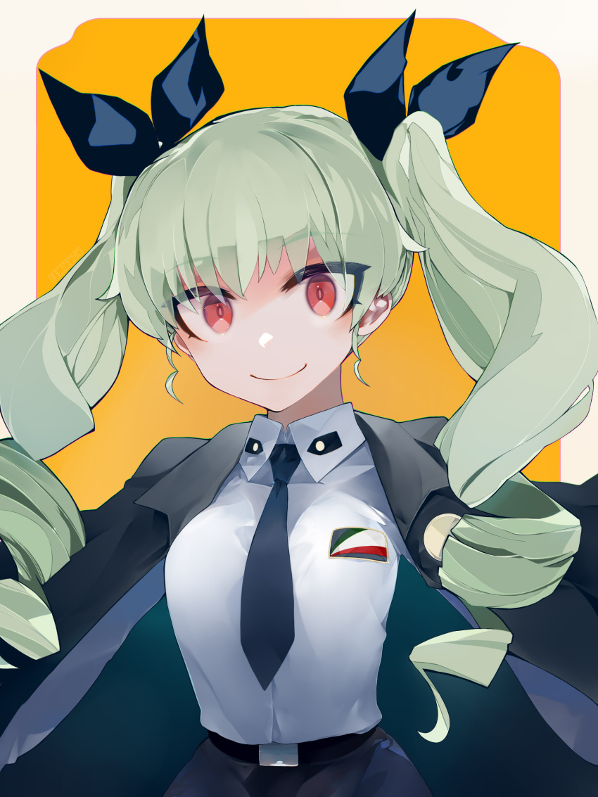 1girl absurdres anchovy_(girls_und_panzer) anzio_school_uniform bangs belt black_belt black_cape black_neckwear black_ribbon black_skirt cape closed_mouth commentary dress_shirt drill_hair emblem eyebrows_visible_through_hair girls_und_panzer green_hair hair_ribbon highres long_hair long_sleeves necktie orange_background pleated_skirt red_eyes ribbon school_uniform shirt skirt smile solo susumu twin_drills twintails upper_body white_shirt wing_collar