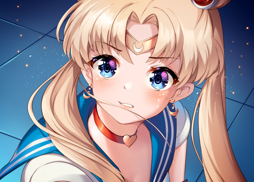 1girl bangs bishoujo_senshi_sailor_moon blonde_hair blue_eyes blue_sailor_collar blush choker circlet commentary heart heart_choker light_particles long_hair looking_at_viewer parted_lips red_choker sailor_collar sailor_moon sailor_moon_redraw_challenge solo squchan symbol_commentary tsukino_usagi twintails upper_body