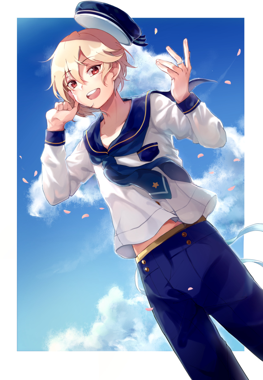 1boy :d blonde_hair blue_headwear blue_neckwear blue_pants day ensemble_stars! hair_between_eyes hand_up hat hat_removed headwear_removed highres long_sleeves male_focus midriff_peek moduckdiu nito_nazuna open_mouth orange_eyes outdoors pants pocket sailor_hat school_uniform serafuku shirt smile solo white_shirt