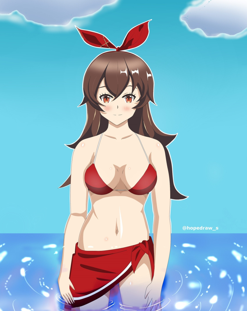 1girl amber_(genshin_impact) artist_name beach bikini blush brown_eyes brown_hair clouds cute genshin_impact hairband hairband_bow hpedraw_s long_hair looking_at_viewer mihoyo_technology_(shanghai)_co._ltd. navel ocean outdoors red_bikini sky smile soaking_feet solo summer swimsuit towel twitter_username water