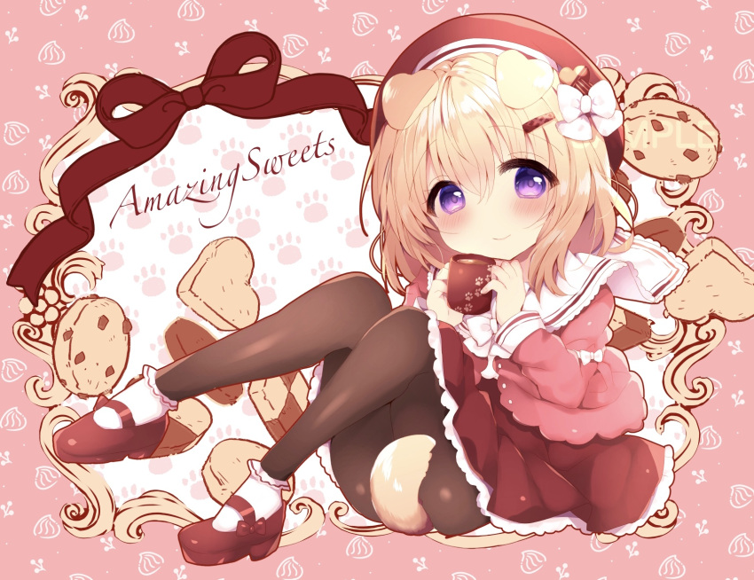 1girl animal_ears black_legwear blush bow brown_hair child cookie cup dog_ears dog_tail food hair_bow hair_ornament hairclip hand_to_own_mouth haru_ichigo hat highres legs legs_up looking_at_viewer mary_janes mug original pantyhose red_footwear red_shirt red_skirt ribbon shirt shoes short_hair sitting skirt smile socks solo tail thighs violet_eyes white_footwear