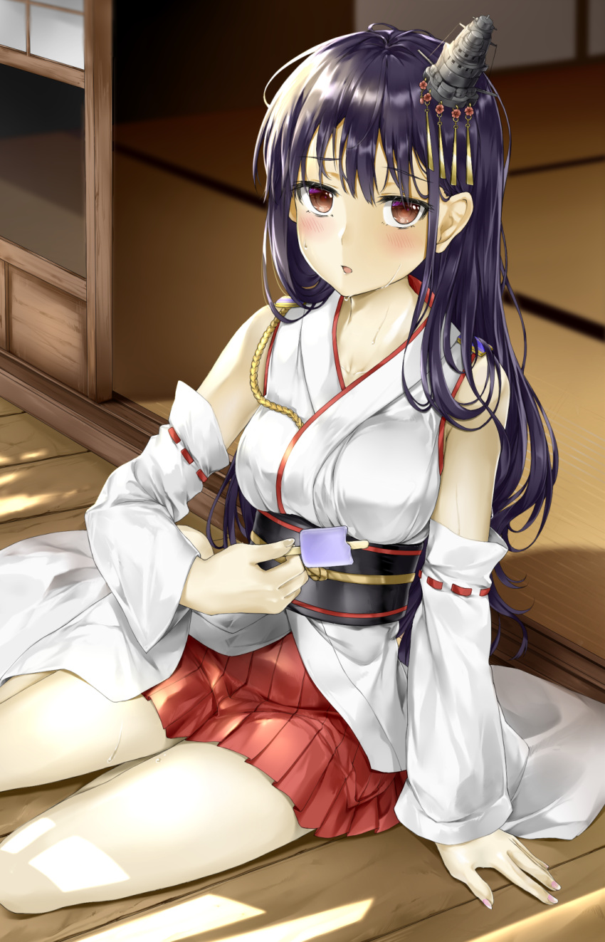 1girl architecture arm_support black_hair breasts detached_sleeves east_asian_architecture food fusou_(kantai_collection) hair_ornament hakama hakama_skirt highres holding holding_food ice_cream japanese_clothes jurakin kantai_collection long_hair md5_mismatch medium_breasts nontraditional_miko on_floor open_door popsicle porch red_eyes red_hakama shouji sitting sliding_doors solo tatami veranda