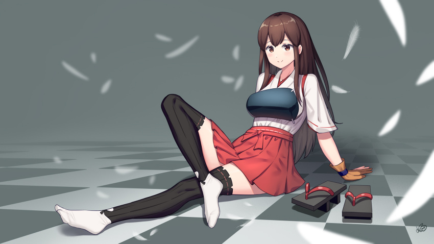 1girl akagi_(kantai_collection) arm_support black_legwear breasts brown_eyes brown_gloves brown_hair checkered checkered_floor gaiters gloves hakama hakama_skirt highres japanese_clothes kantai_collection konishi_(565112307) large_breasts long_hair muneate partly_fingerless_gloves red_hakama remodel_(kantai_collection) ribbon-trimmed_legwear ribbon_trim shoes_removed sitting smile solo straight_hair tabi tasuki thigh-highs thighhigh_gaiters white_legwear yugake