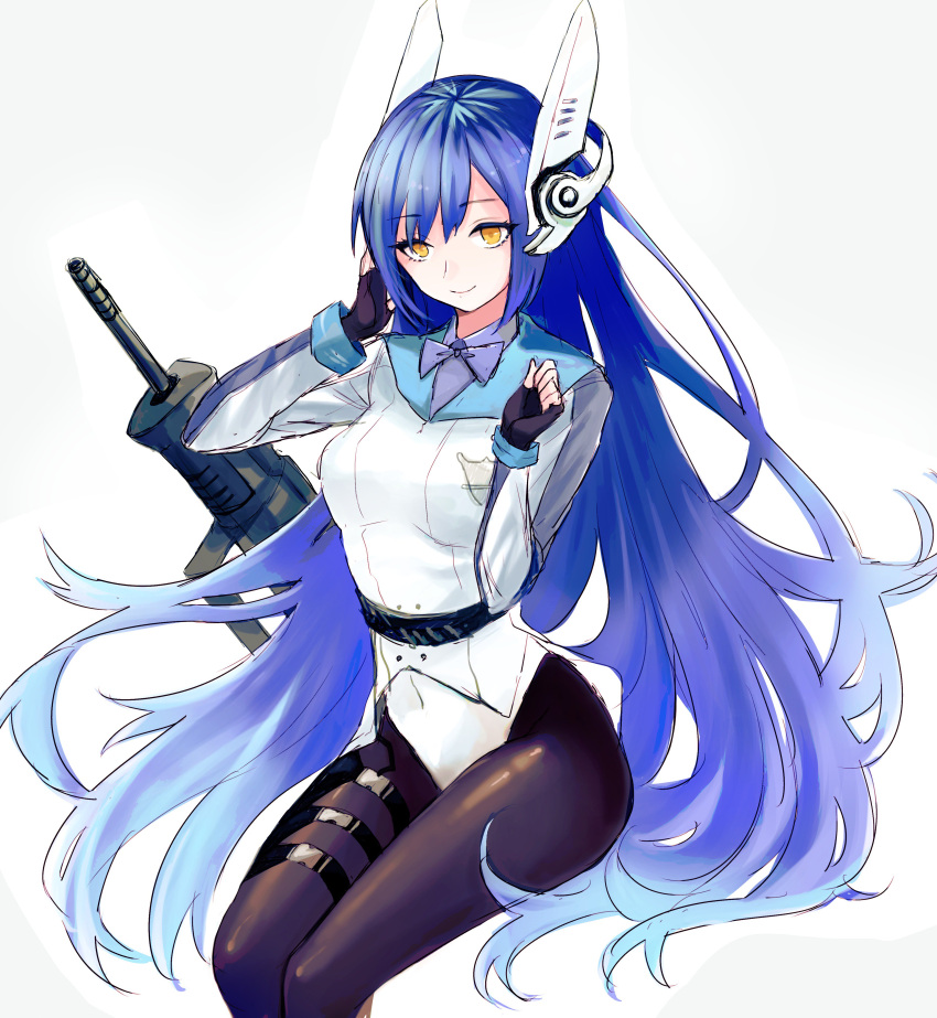 1girl absurdres assault_rifle bangs black_gloves black_legwear blue_hair blue_neckwear bow bowtie breasts bullpup covered_navel eyebrows_visible_through_hair fingerless_gloves girls_frontline gloves gradient_hair grey_background gun hagioshi highres imi_tavor_tar-21 leotard leotard_under_clothes long_hair long_sleeves multicolored_hair orange_eyes pantyhose rifle simple_background sitting smile solo tar-21_(girls_frontline) very_long_hair weapon white_leotard