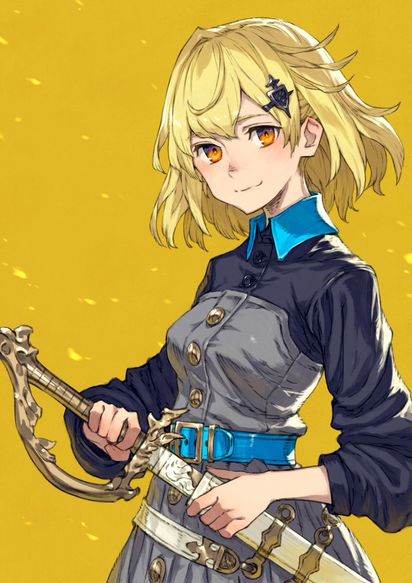 1girl absurdres bangs belt belt_buckle black_shirt blonde_hair blue_belt breasts brown_background buckle closed_mouth collared_shirt dress eyebrows_visible_through_hair grey_dress hair_ornament highres holding holding_sheath holding_sword holding_weapon kusano_shinta long_sleeves looking_at_viewer medium_breasts original red_eyes saber_(weapon) sheath shirt smile solo strapless strapless_dress sword unsheathing weapon