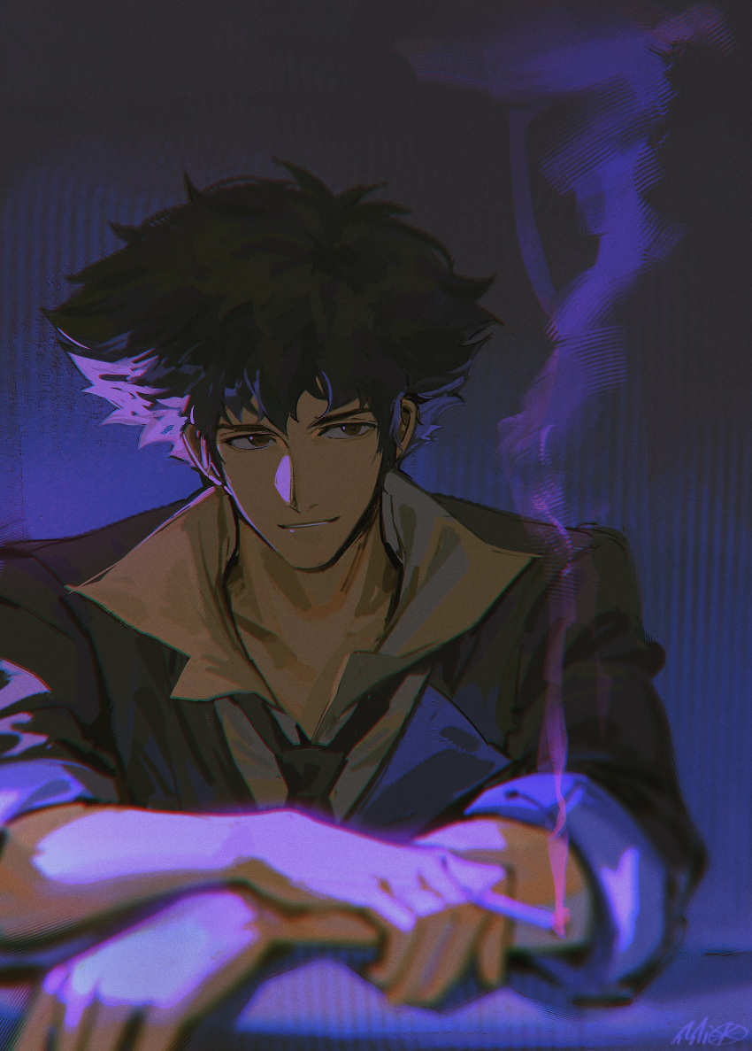 1boy absurdres alzi_xiaomi blurry_foreground brown_eyes cigarette collared_shirt cowboy_bebop crossed_arms dress_shirt highres holding holding_cigarette jacket looking_at_viewer necktie shirt short_hair signature simple_background sleeves_rolled_up smile smoke_trail solo spike_spiegel upper_body