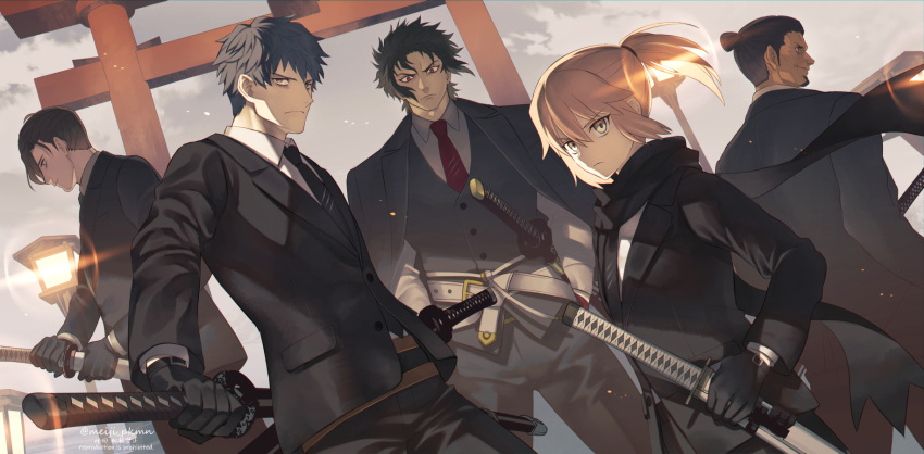 1girl 4boys black_hair black_scarf blonde_hair brown_hair fate/grand_order fate_(series) formal grey_eyes highres hijikata_toshizou_(fate/grand_order) katana meiji_ken multiple_boys necktie okita_souji_(fate) okita_souji_(fate)_(all) pant_suit ponytail saitou_hajime_(fate) scarf serizawa_kamo_(fate) sheath short_hair suit sword torii waistcoat wavy_hair weapon yamanami_keisuke_(fate)